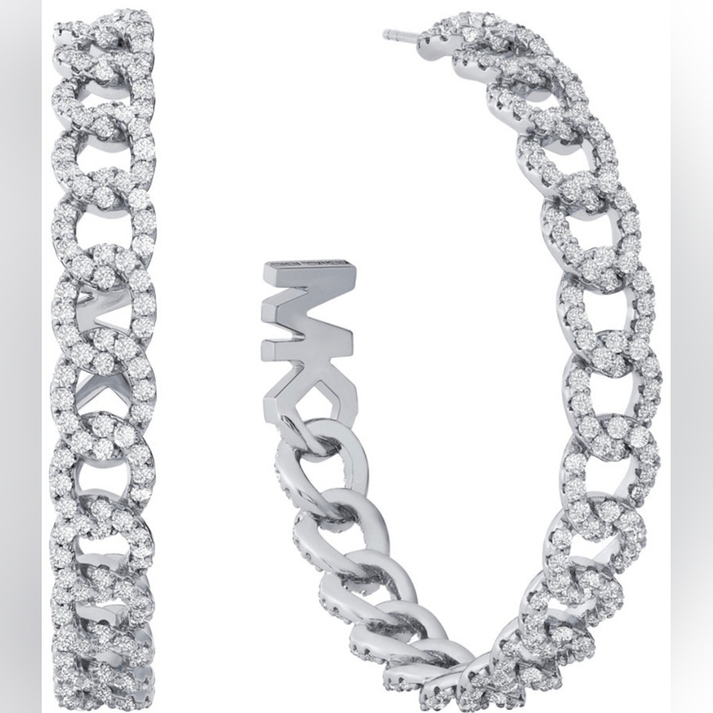 Michael Kors Platinum Plated Pave Frozen Curb Hoop Earrings